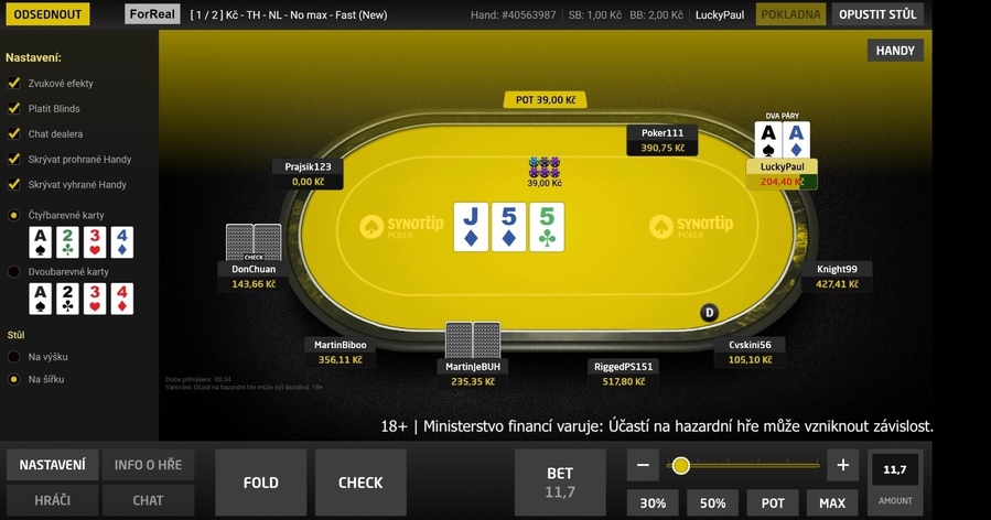 SYNOT TIP poker nabízí různé možnosti nastavení herního prostředí