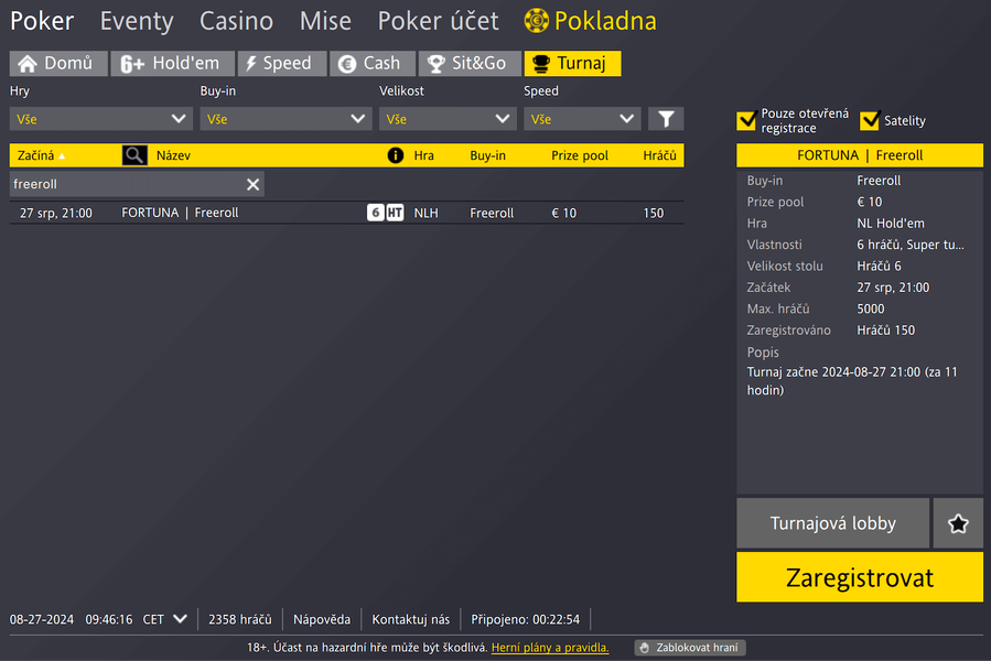 Jak najít freeroll turnaj v lobby Fortuna Pokeru