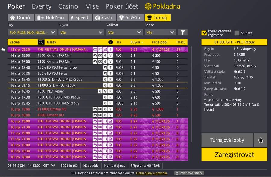 Fortuna Poker – MTT Omaha lobby