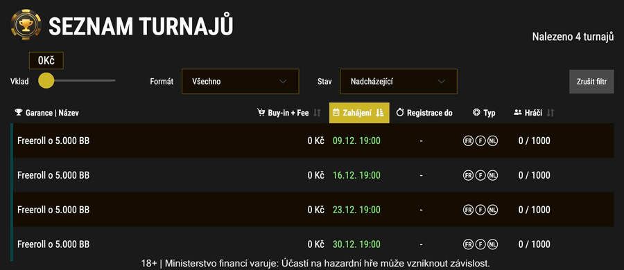 Nabídka freerollů v lobby Synot Tip Pokeru