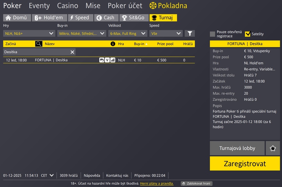 Turnaj Desítka v lobby herny Fortuna Poker