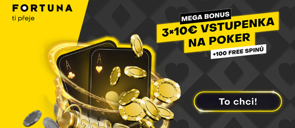 Na Fortuna Pokeru můžete získat také bonus v podobě tří €10 vstupenek do poker turnaje a 100 FS