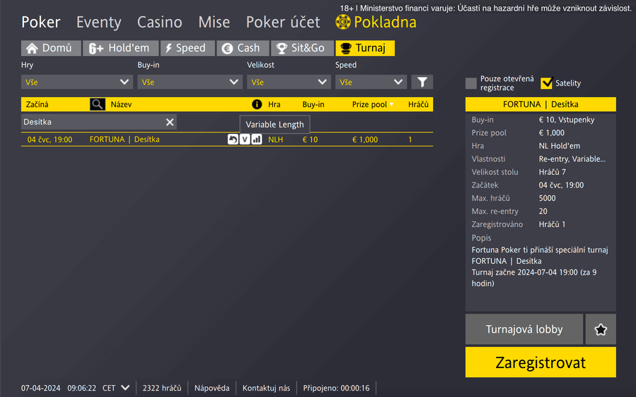 Turnaj Desítka v lobby herny Fortuna Poker