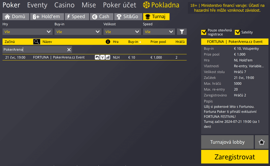 FORTUNA | PokerArena.cz Event najdete snadno v turnajové lobby