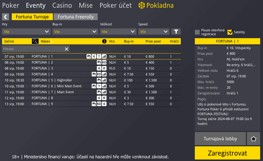 Festivalové turnaje najdete ve Fortuna Poker lobby snadno