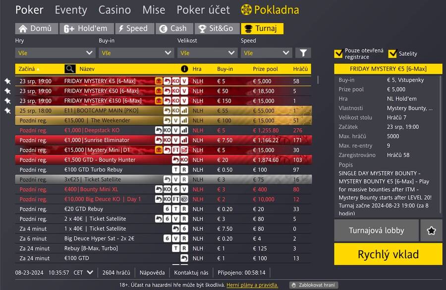 Turnajové lobby Fortuna Poker herny