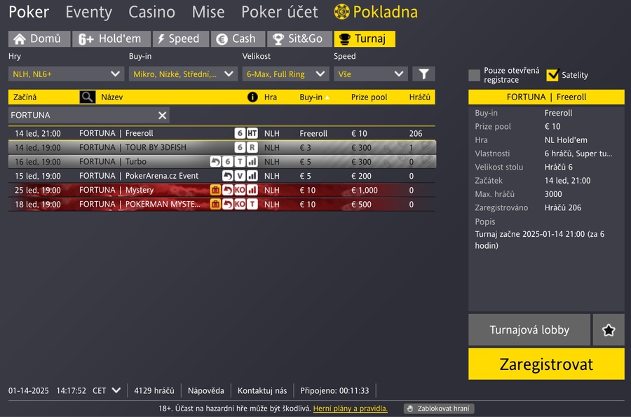 Turnaje pro CZ hráče v lobby Fortuna Pokeru