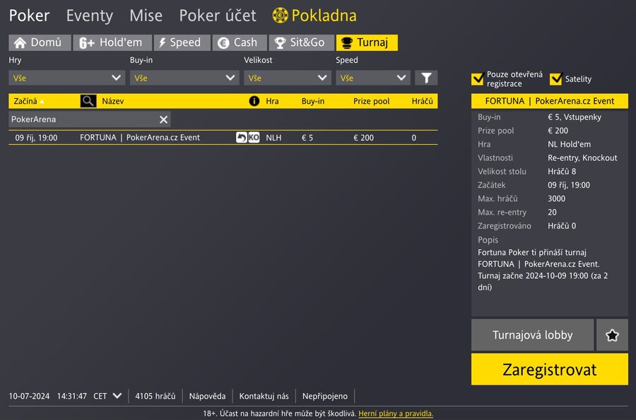 PokerArena.cz Event v turnajové lobby Fortuna Pokeru