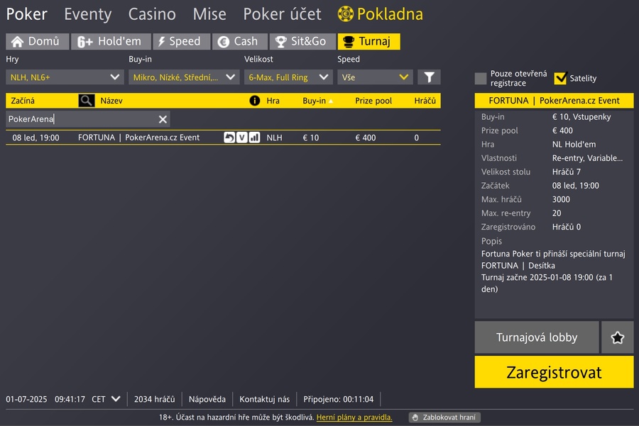 PokerArena.cz Event v turnajové lobby Fortuna Pokeru