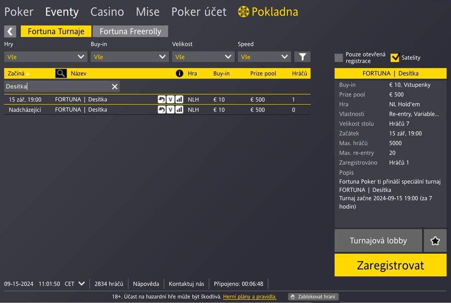 Fortuna Desítka v lobby herny Fortuna Poker