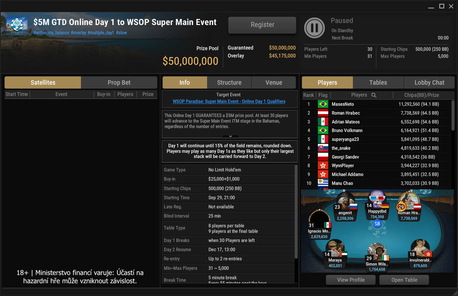 WSOP Paradise Super Main Event Day 1 online – lobby