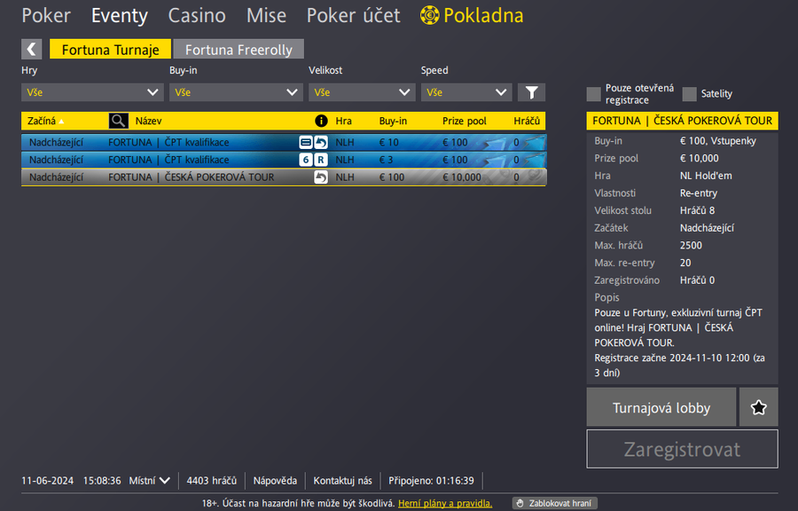 Česká Pokerová Tour online v turnajové lobby Fortuna Pokeru