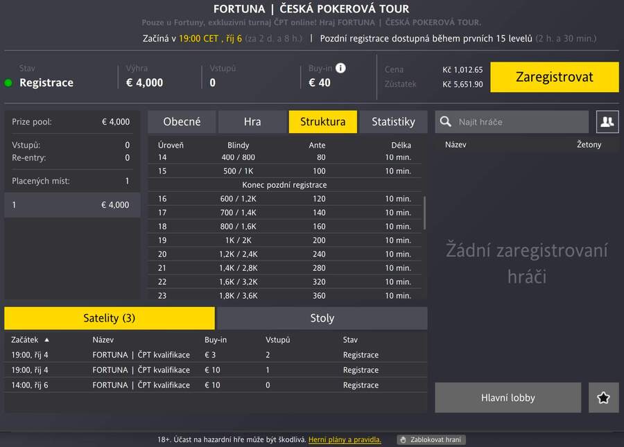 Lobby ČPT online turnaje na Fortuna Pokeru