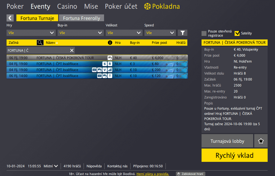 Česká Pokerová Tour online v turnajové lobby Fortuna Pokeru