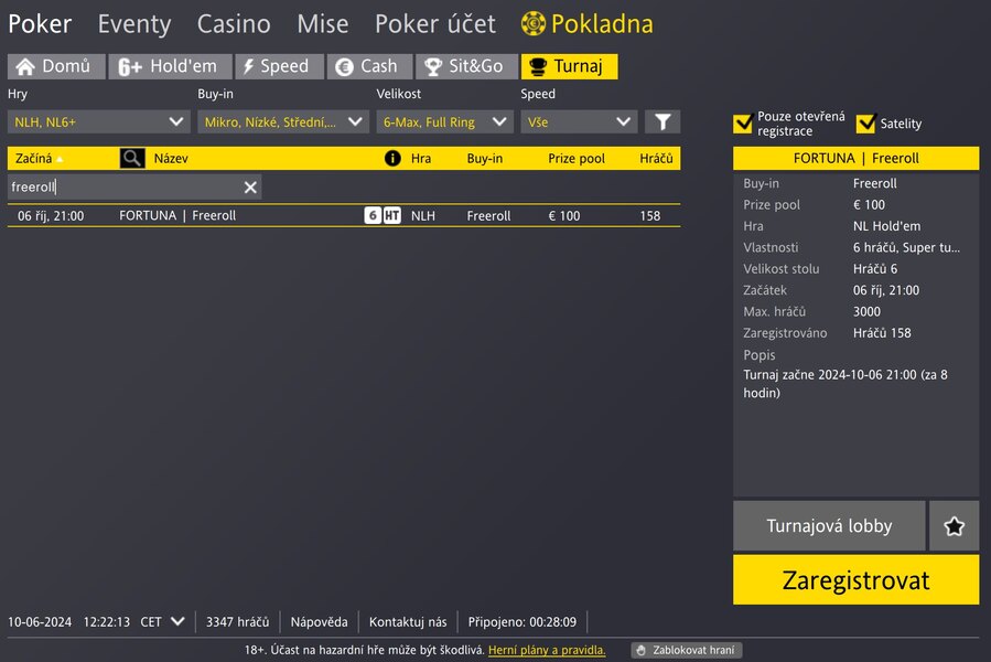 Freeroll o €100 v lobby Fortuna Pokeru