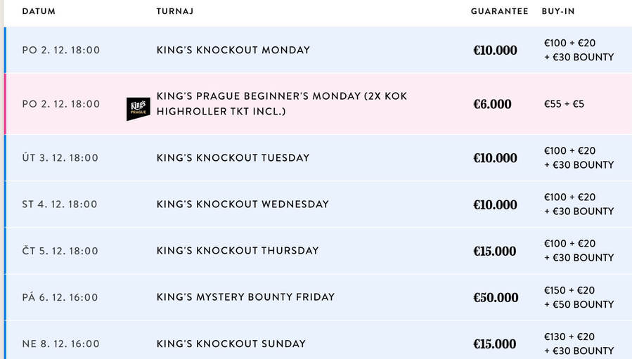 Program turnajů King’s Casino Rozvadov