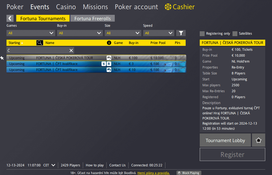 Turnajové lobby ČPT na Fortuna Poker