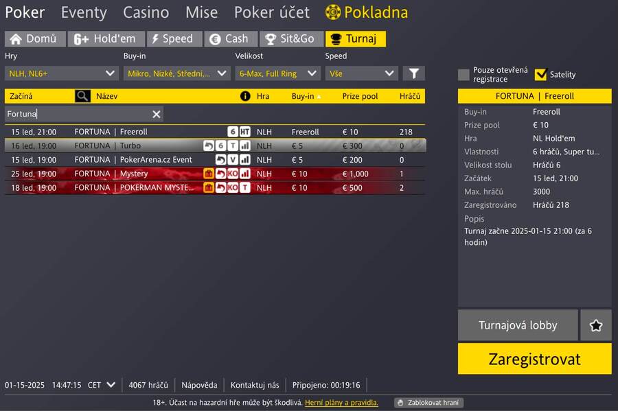 Fortuna Poker – turnajové lobby