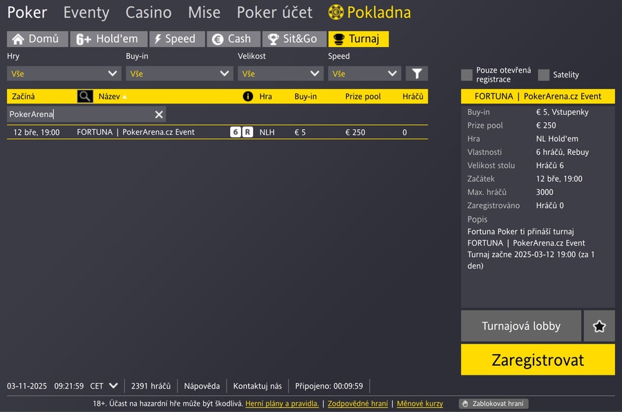 PokerArena.cz Event v turnajové lobby Fortuna Pokeru